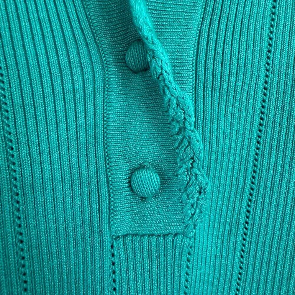 Adrianna Papell Rib Cable Short Sleeve Collar Sweater, Green, Size Medium - Picture 6 of 8